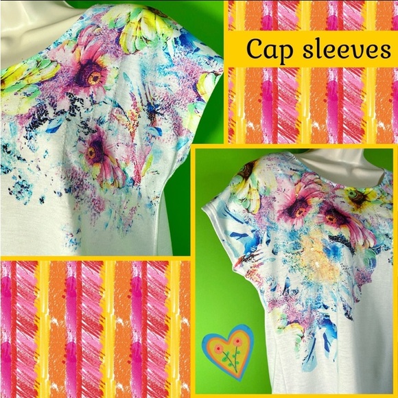 S WHITE TUNIC W WATERCOLOR FLORAL&SEQUIN DET SEMI SHEER HEM *Preowned/some wear* - Picture 2 of 14